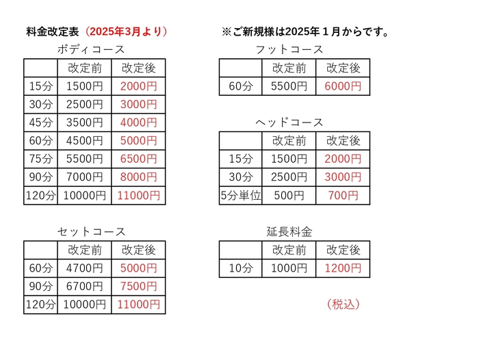 2025年料金改定表 2025年料金改定表